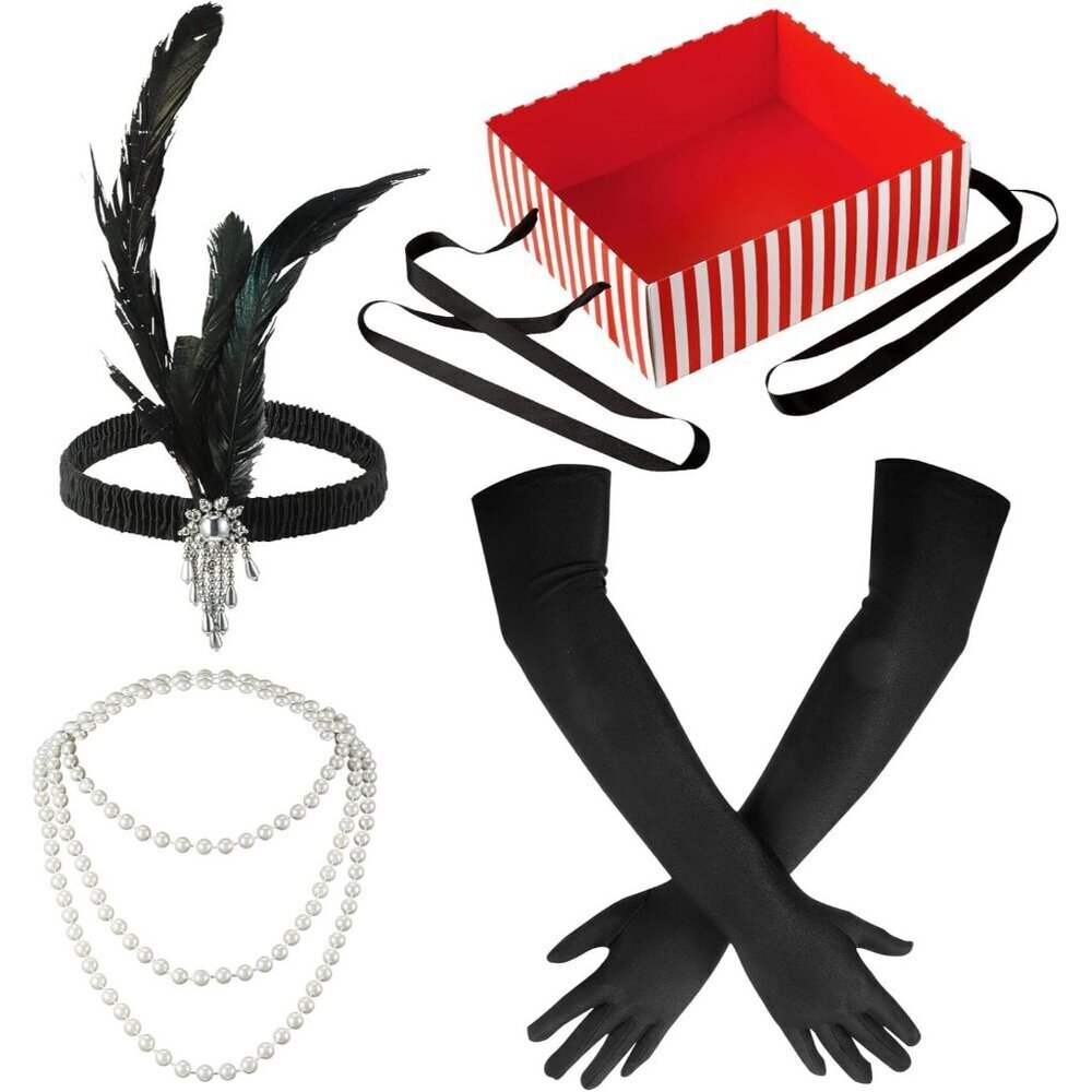 1920s Flapper Accessories for Women Feather Headband Pearl Necklace Gloves Party